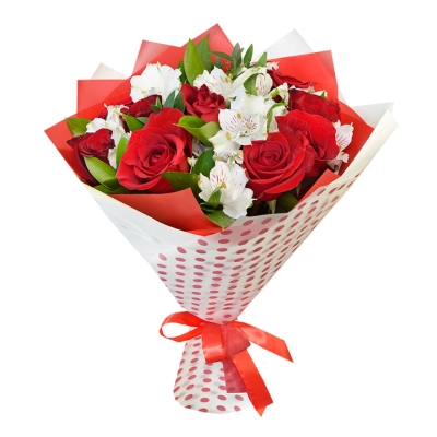 Букет из красных роз и белоснежных альстромерий – гармония страсти и нежности Самара Самарская область Букет из красных роз и белоснежных альстромерий – гармония страсти и нежности Самара Самарская область