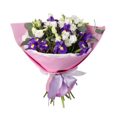 Букет «Подарок» – элегантная композиция из ирисов, эустом и эвкалипта Самара Самарская область Букет «Подарок» – элегантная композиция из ирисов, эустом и эвкалипта Самара Самарская область