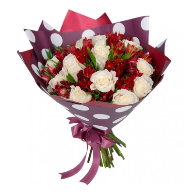 Букет из белых роз и красных альстромерий – гармония страсти и чистоты Самара Самарская область Букет из белых роз и красных альстромерий – гармония страсти и чистоты Самара Самарская область