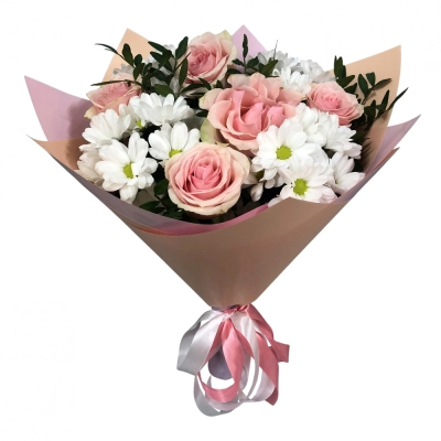 Букет из розовых роз и хризантем – нежность и долговечность Самара Самарская область Букет из розовых роз и хризантем – нежность и долговечность Самара Самарская область